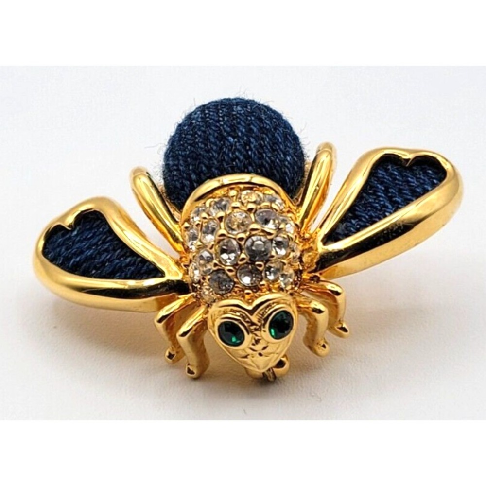 JOAN‎ RIVERS BLUE DENIM GOLD TONE BEE BROOCH RHINESTONE SIGNED